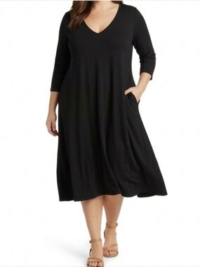 Chicos Travelers Midi V-Neck Black Dress  Stretchy Flowy Flowy A-Line Pockets